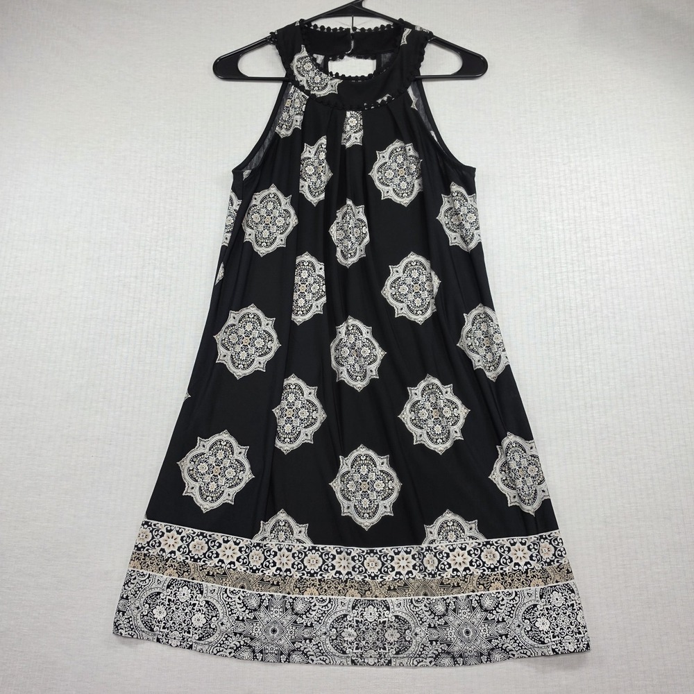 Three Pink Hearts Black Taupe Tile Medallion Trim Halter Dress M Boho Whimsigoth